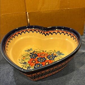 Polish Pottery Heart Shaped Blue Rose Bowl